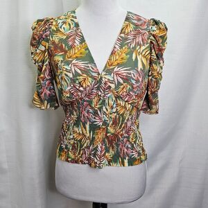 Ember Tropical Smocked Puff Sleeve Top Size Medium